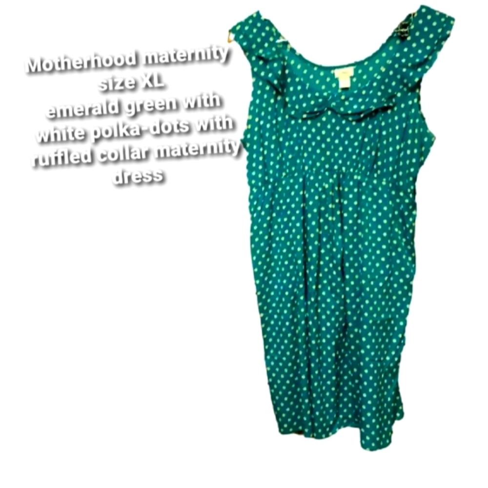 Motherhood maternity XL silk emerald green and white polka-dot dress